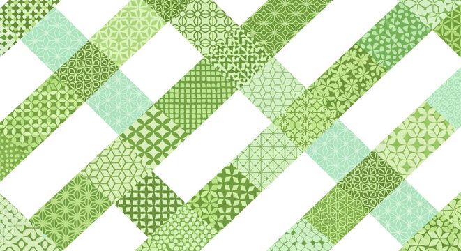 Seamless Green Traditional Japanese Fabric Pattern Vector with Interwoven Lattice Strips and Wagara Textures for Background Design