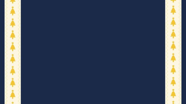 Seamless looping background animation of moving gold pine tree pattern side stripes with dark blue center text copy space. Flat style Christmas holiday frame design concept