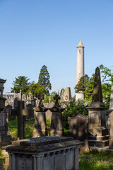 Fototapeta premium Monuments and trees, including the round tower commemorating Daniel O'Connell, Glasnevin Cemetery, Dublin, Ireland