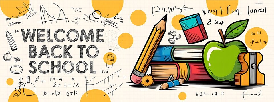 Welcome back to school banner with hand drawn illustrations of books pencil apple and educational supplies