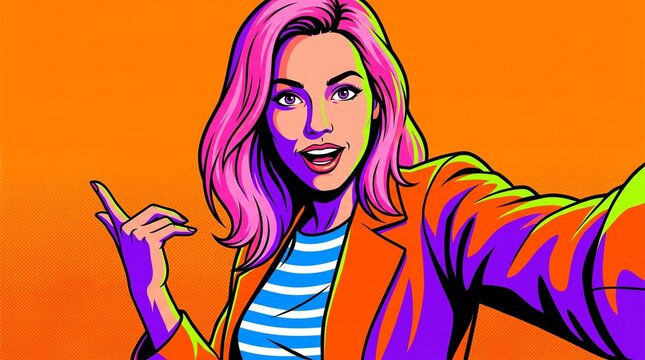 Woman with pink hair takes a selfie against a vibrant orange backdrop using a stylized pop art design for editorial or web themes.