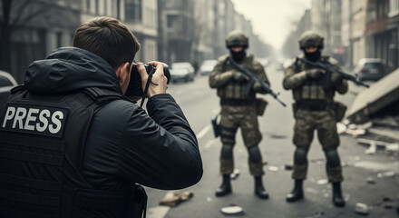 Obraz premium A press photographer captures soldiers in a war-torn street, symbolizing conflict reporting and documenting history.