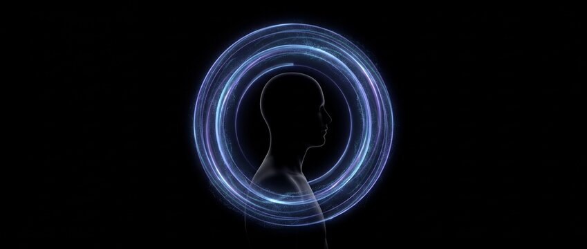 A silhouette of a human head and shoulders centered within concentric glowing rings of blue and purple digital light particles on a solid dark black background.