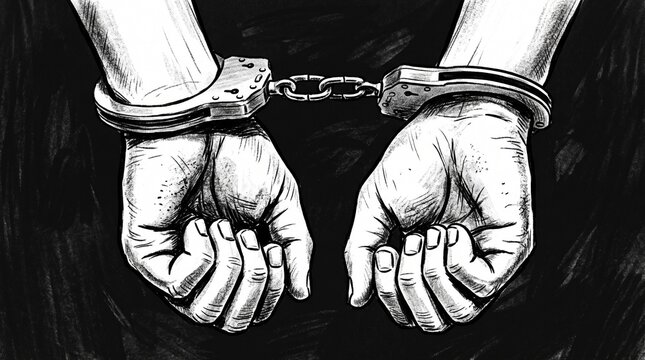 Black-and-white illustration of restrained hands in metal handcuffs, palms inward, short chain, dark background emphasizing confinement, justice, and loss of freedom.