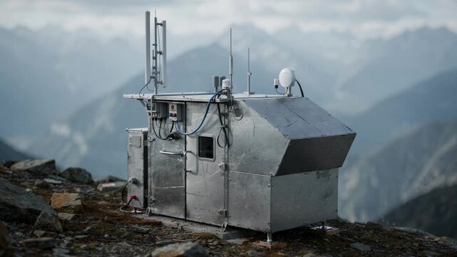 Medium shot of a remotecontrolled unmanned relay shelter with antennas sharp focus on the structure blurred mountainous landscape in the background.