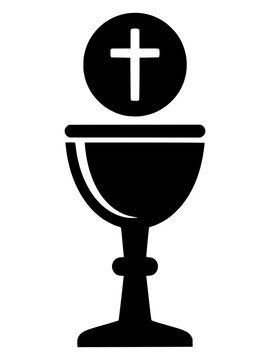 Communion chalice icon flat vector illustration cross host symbol black silhouette for catholic church eucharist rite design