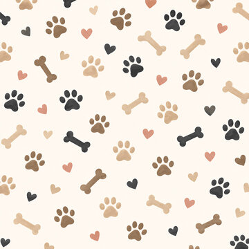 Cute Dog Paw Prints, Bones and Hearts Pattern on Cream Background