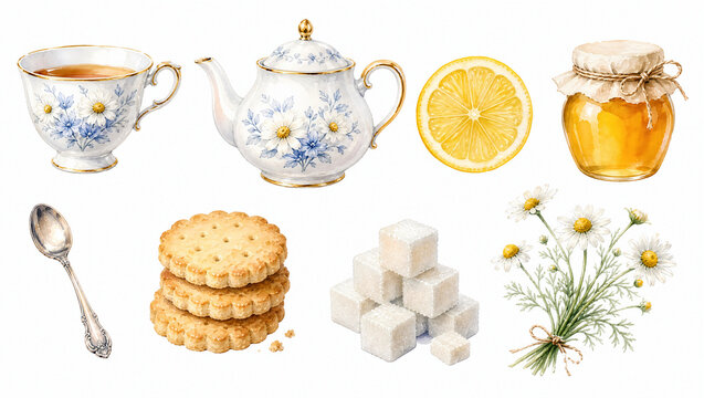 Watercolor tea time clipart set with teapot, teacup, honey, biscuits, and chamomile. Illustration isolated on white background for menu and packaging