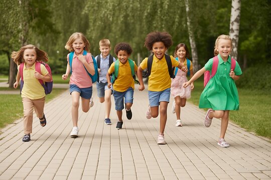 A group of happy elementary school children running together outdoors on a path after school