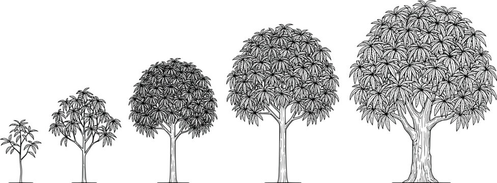 Set of five trees showing growth stages from sapling to mature tree