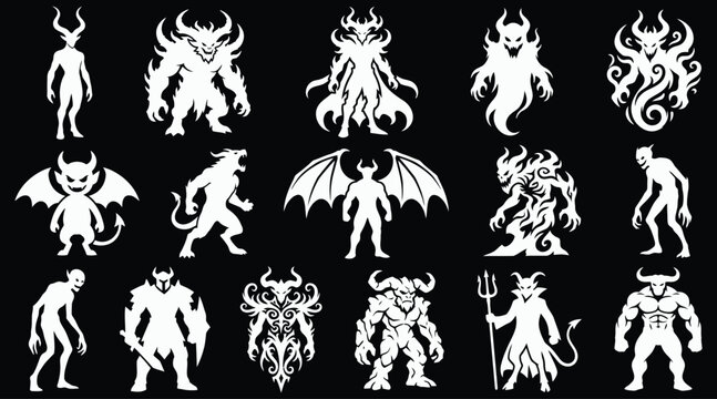 A comprehensive halloween vector bundle featuring various scary demon silhouettes monsters and dark fantasy creatures isolated on a solid black background