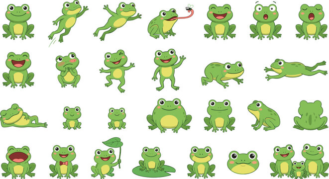 Cute Green Frog Cartoon Character Expression and Pose Vector SetCute Green Frog Cartoon Character Expression and Pose Vector Set