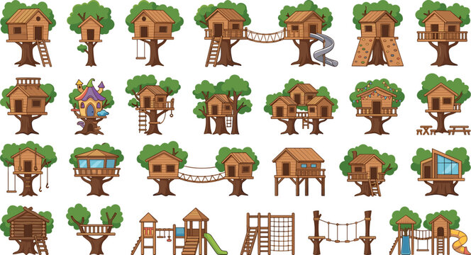 Wooden Treehouse and Kids Playground Backyard Architecture Vector Illustration SetWooden Treehouse and Kids Playground Backyard Architecture Vector Illustration Set