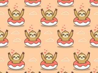 Fototapeta premium Cute Kawaii Sloth in Donut Floating Seamless Pattern Background