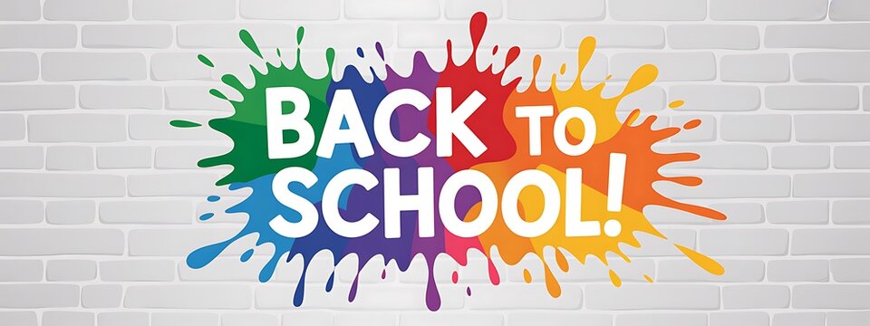 Back to school text design with colorful paint splatter elements on a light grey brick wall background