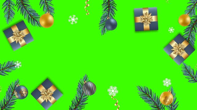 Festive Christmas animation of a green screen frame with gift boxes, baubles, and pine branches
