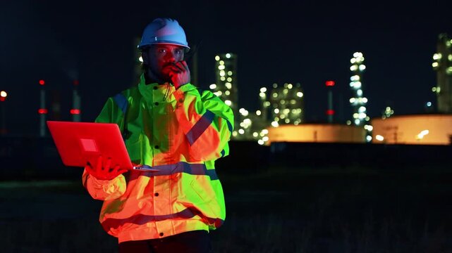 Male engineers gas separation plants and petrochemical plants work night shifts in restricted red zones, carrying laptop carefully checking data and planning engineering work amidst red warning lights