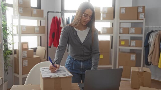 Woman writing on clipboard at laptop while packing cardboard boxes in a small business warehouse; efficiency focused.