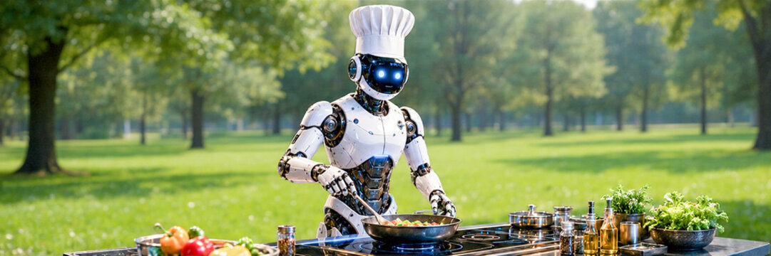 Humanoid AI Chef Robot Preparing Healthy Food in an Outdoor Smart Kitchen