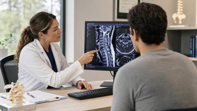 Female physician explaining spinal scan to patient in office