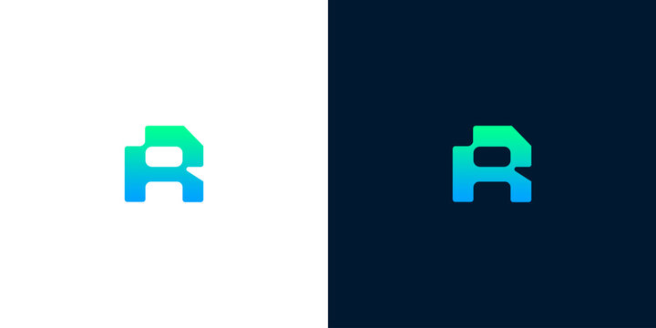 Modern letter R technology logo design vector illustration with blue and green gradient on dark and light background