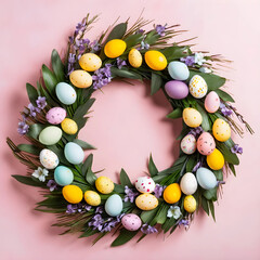 Fototapeta premium Colorful Easter wreath with decorated eggs and flowers