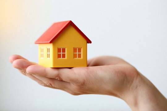 Hand holding a miniature yellow house with a red roof, symbolizing home ownership and real estate investment