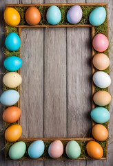 Fototapeta premium Colorful Easter eggs arranged in a wooden frame on rustic background
