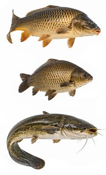Freshwater fish collection: Common Carp, Crucian Carp, and Wels Catfish isolated on white background