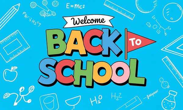 Colorful back to school text design with hand drawn educational doodles on a bright blue background