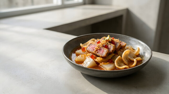 Gourmet Seblak Wagyu Steak Slices with Kerupuk Crackers in Spicy Spicy Red Broth for Modern Asian Fusion