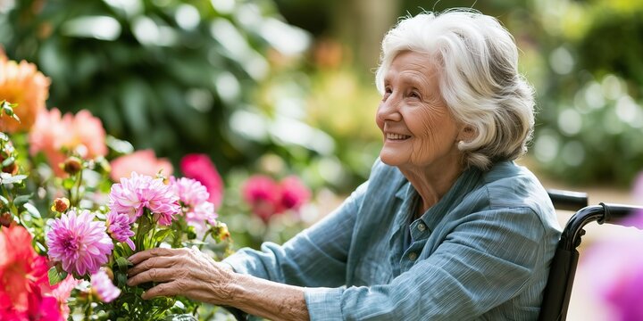 Elderly woman in a wheelchair pauses to admire flowers in a sunny care home garden. Accessible outdoor leisure supporting dignity, joy and sensory wellbeing.