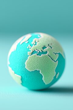 3D rendered textured globe showing Europe and Africa on a turquoise backdrop. Minimalist earth and environment concept