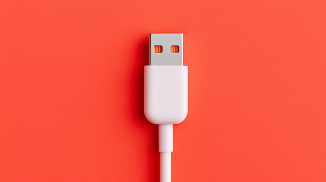 White USB cable connector on a red surface. Minimal technology flat lay with a single object. Concept of data transfer and charging