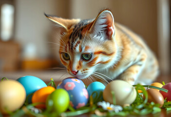 Obraz premium Curious cat sniffing colorful Easter eggs indoors