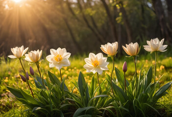 Obraz premium White tulip flowers blooming in golden hour sunlight