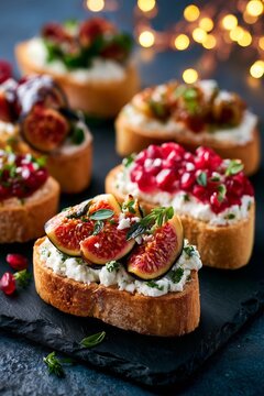 Bruschetta with figs, goat cheese, pomegranate and herbs is arranged across dark slate. Festive Italian-inspired appetizers unite creamy, sweet and fresh seasonal flavors.