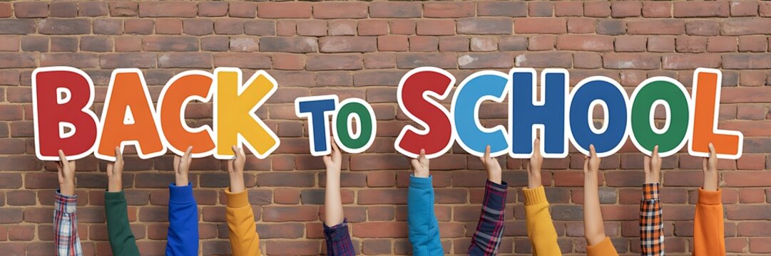 Group of children holding colorful letters spelling back to school against a rustic brown brick wall background