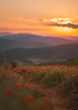 Poppies field sunset background. Blooming red poppy fields  landscape in the backdrop. Red poppies. Landscape of a poppy field. Panorama of poppies