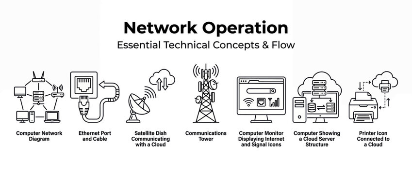 Network operation vector icons set, computer technical concepts, internet flow diagram