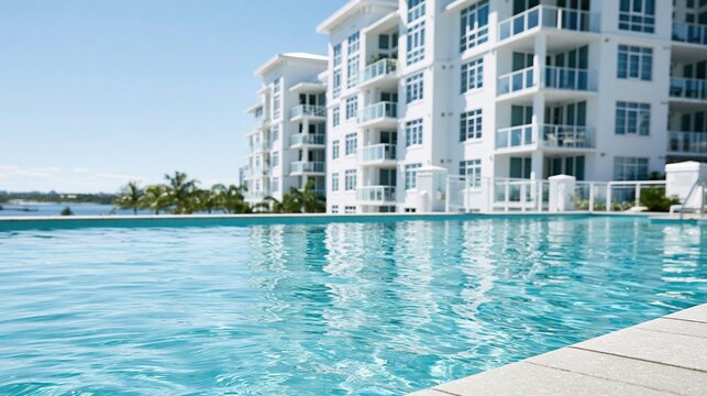 Luxury high rise condominium buildings with balconies overlooking a sparkling blue swimming pool and distant palm trees.