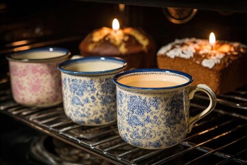 Fototapeta premium Warm mugs and festive cakes with lit candles inside an oven