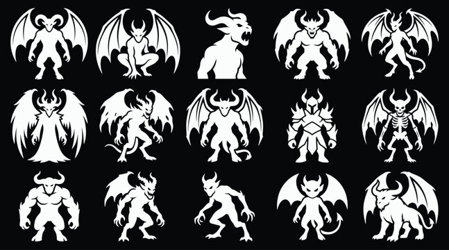 A comprehensive halloween vector bundle featuring various white silhouette illustrations of demons devils monsters and mythical creatures on a solid black background