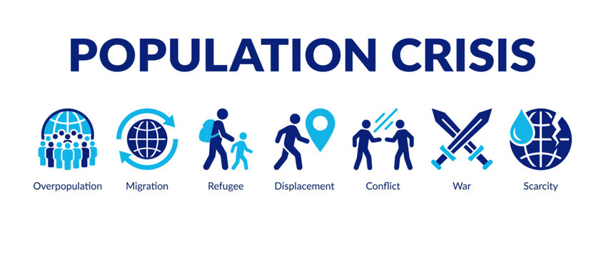 Population crisis vector icons, global migration and refugee set, overpopulation and war art