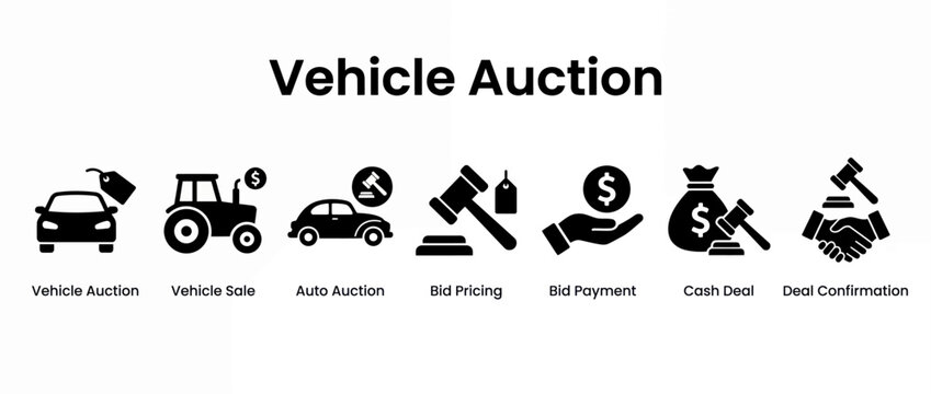 Vehicle auction icon set, auto sale bidding symbols, car dealership deal and payment vectors