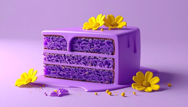 A slice of purple cake with yellow flowers, decorated with sprinkles and purple icing, perfect for celebration or dessert themes
