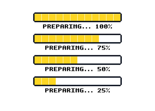 Digital pixel loading screen with progress bars. Visual representation of data processing and system updates.