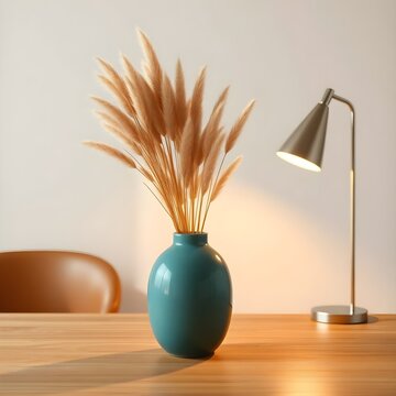 A glossy teal ceramic vase filled with lush dried pampas grass sits beside a sleek silver desk lamp. Warm lighting highlights the rich color of the vase while maintaining the clean and inviting feel o