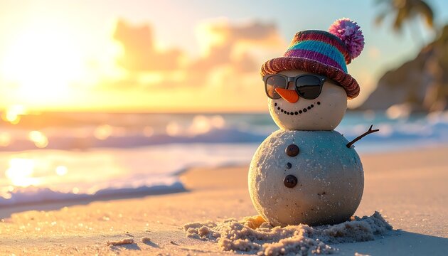 A cheerful snowman wearing sunglasses and a colorful knitted hat stands on a tropical beach during a golden sunset, a whimsical winter escape concept.
