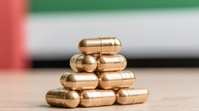 Stack of golden pharmaceutical capsules symbolizing wealth, luxury, and healthcare in the United Arab Emirates